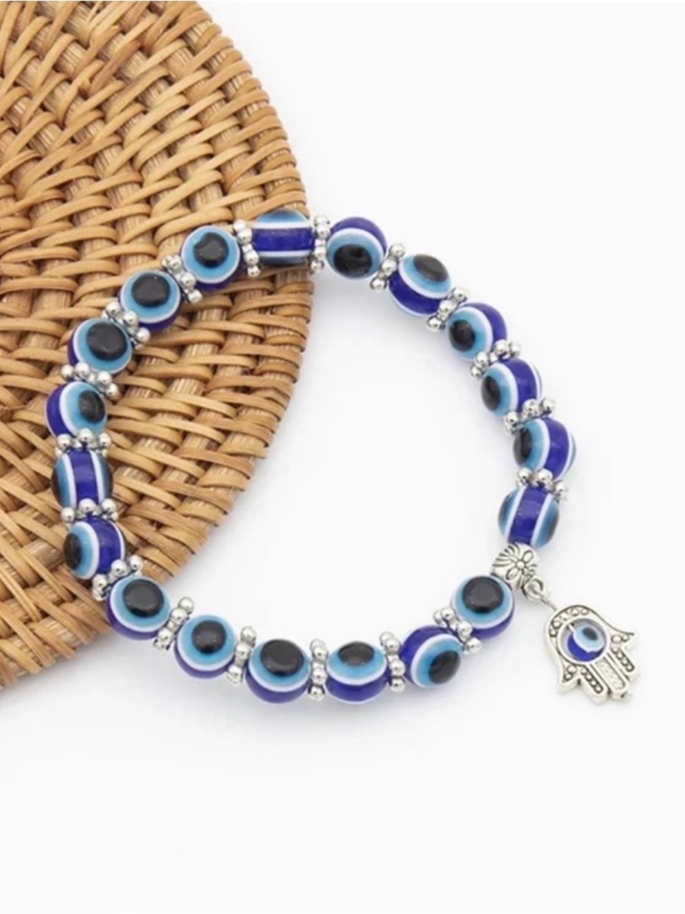 New Blue Evil Eye Hamsa Beaded Stretch Bracelet - Picture 3 of 3